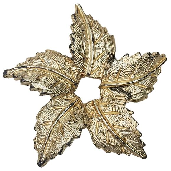 Vtg Brushed Gold Tone Five Leaf Circle Brooch Pin Unsigned 1.75" - Picture 1 of 4